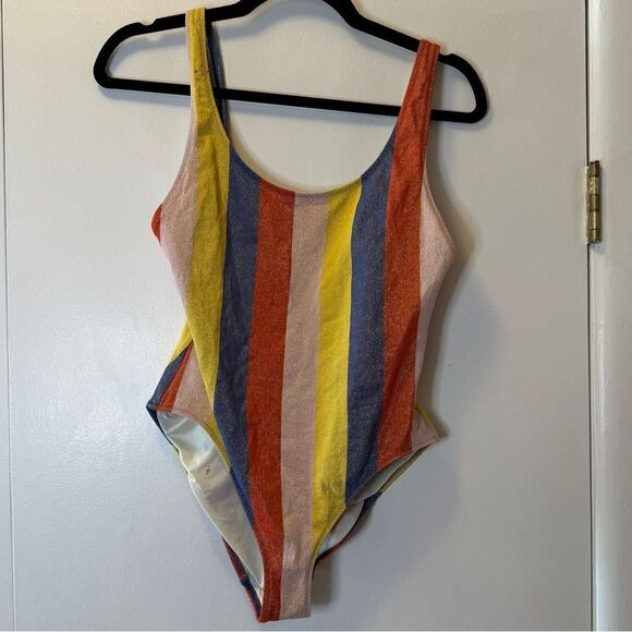 ANTHROPOLOGIE SOLID & STRIPED Anne-Marie One-Piece Swimsuit Purple Yellow Red L - Picture 5 of 9